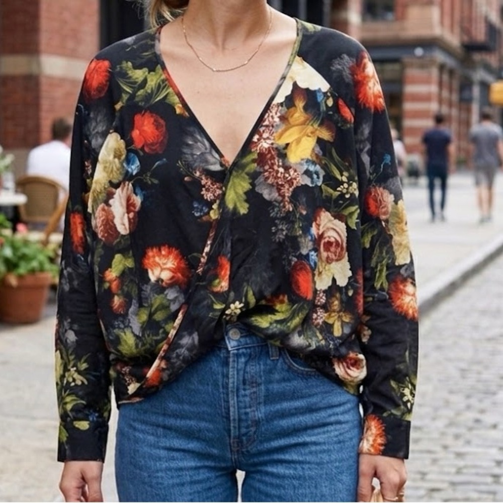 Anthropologie x The Odells Black Floral Long Sleeve Surplice Top Small